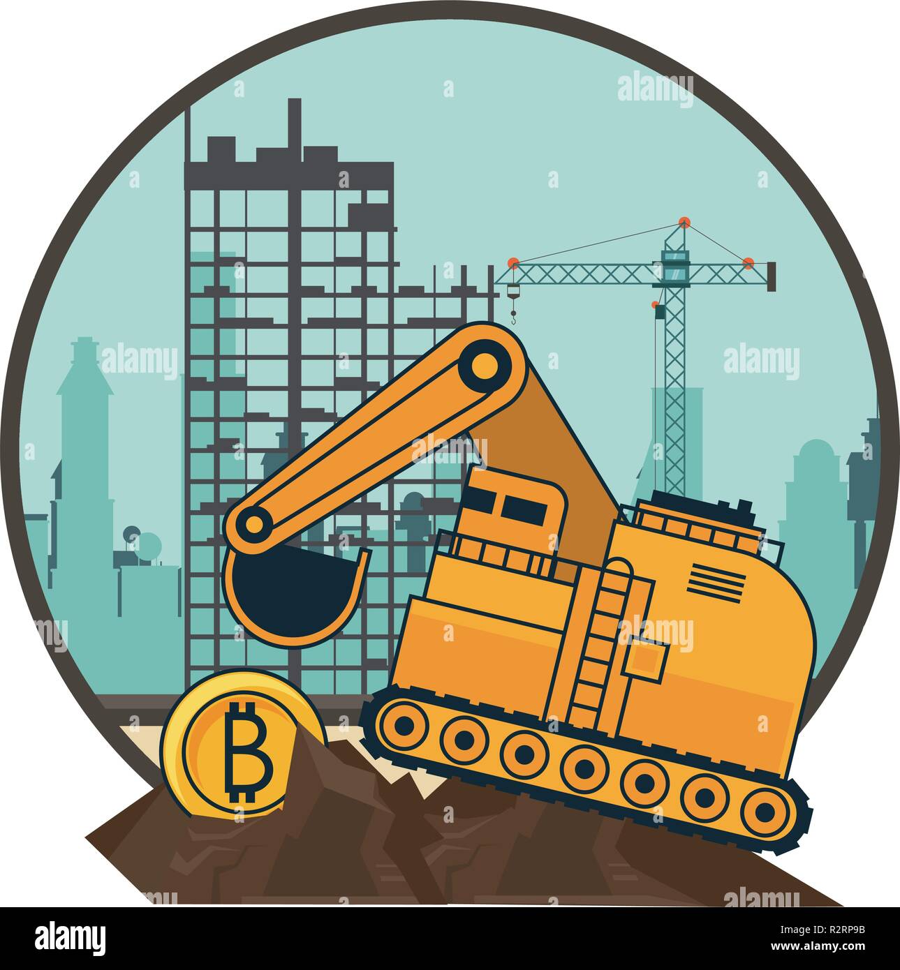 Bitcoin Mining And Backhoe Machinery Vehicle Over Construction Zone - 